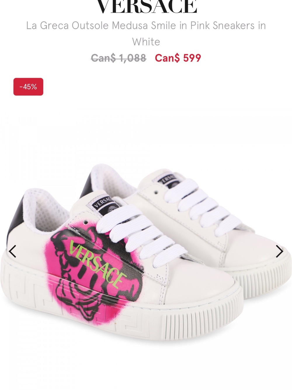 Versace Kids White Sneakers with Pink and Black Medusa Graffiti